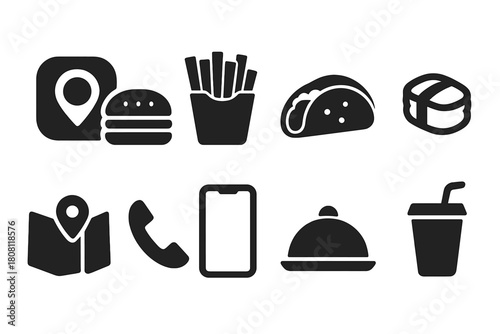 Fast food, dining silhouette icon set. Burger, taco, and sushi silhouette icons collection.