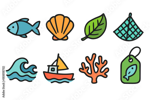 Marine life flat icon set. Ocean, sea creatures, nautical elements flat collection