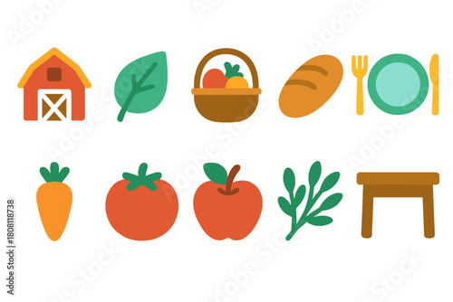 Farm-to-table flat icon set. Agriculture, fresh produce, organic farming icons collection