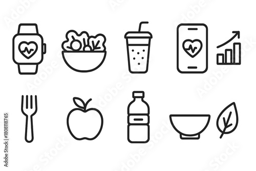 Health and fitness linear icon set featuring nutrition and exercise symbols