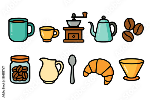 Coffee essentials icon set. Flat icons for cafe, beverage, bakery, breakfast designs.
