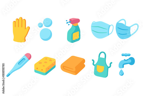 Cleaning essentials 3d icon set. Household, hygiene, safety tools kit collection