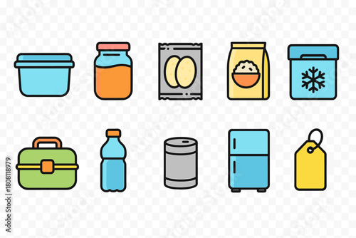 Kitchen pantry flat icon set. Storage, food packaging, container icons collection.