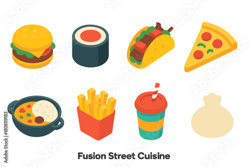 Fusion street food 3d icon set. Burgers, sushi, tacos, and pizza 3d icons collection.