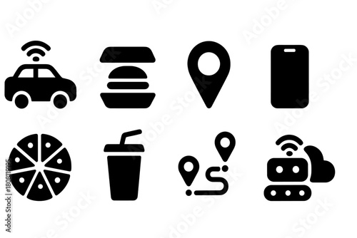 Food and delivery silhouette icon set. Fast food, digital order, location icons.