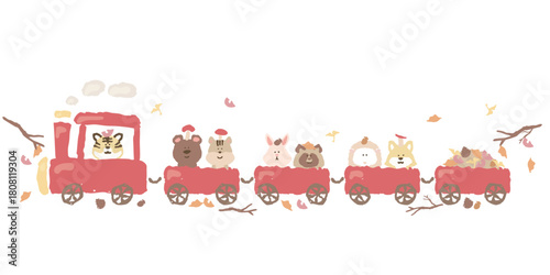 やさしいどうぶつ日和｜秋の動物列車イラスト（落ち葉・どんぐり）