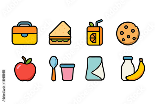 Food and beverage flat icon set. Snack, meal, drink icons with vibrant colors.