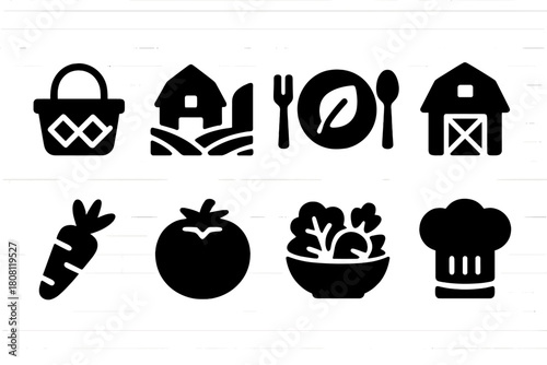 Organic farming, agriculture silhouette icon set. Natural food, eco-friendly symbols