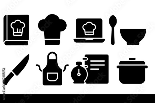 Cooking, kitchen silhouette icon set. Chef tools and utensils silhouette collection