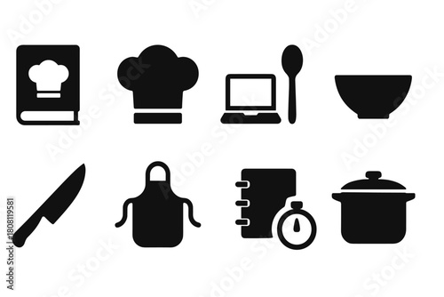 Cooking solid icon set. Kitchen tools, chef utensils icons solid collection