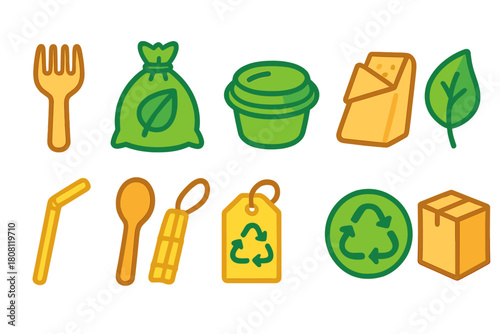 Eco-friendly flat icon set. Zero waste, recycling symbols for sustainability.