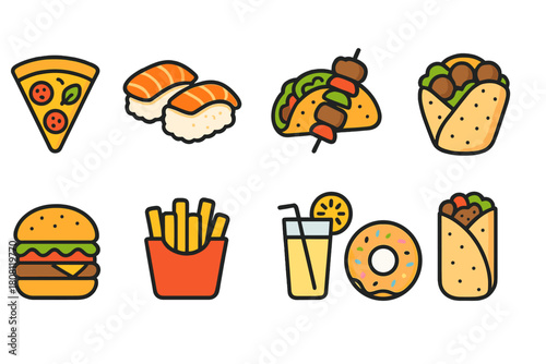 Food and beverage icon set. Tasty, flat food icons for restaurants and cafes