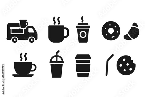 Coffee shop silhouette icon set. Cafe, beverage, pastry silhouettes collection