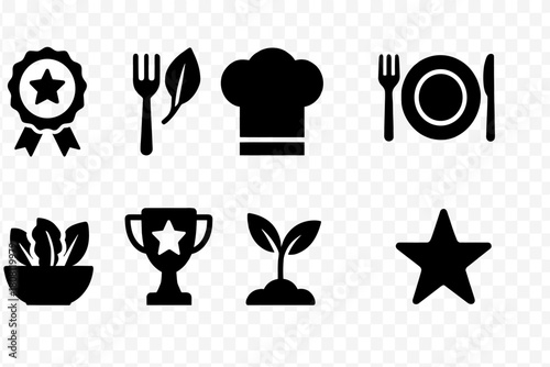 Culinary and eco solid icon set. Cooking, awards, and nature symbols collection