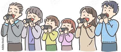 節分の恵方巻（太巻き）寿司を食べる三世代家族
