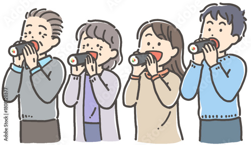 節分の恵方巻（太巻き）寿司を食べる男女4人
