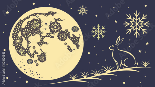 Illustration of a rabbit under a full moon with snowflakes and stars in a dark blue night sky scene