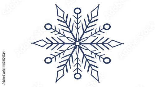 Illustration of a symmetrical snowflake with detailed geometric patterns and circular accents design