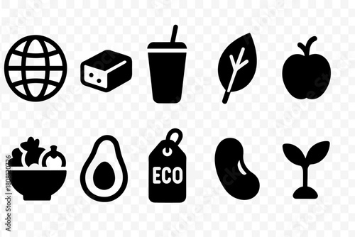 Eco, nature and food solid icon set for green living and sustainability