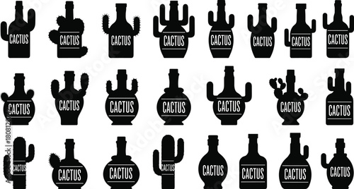 Cactus silhouette collection, black vector icons, desert plant design, potted cactus shapes, spiny succulent art, botanical illustration set