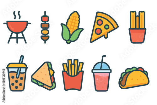 Food and drink icon set. Tasty flat icons collection for menus and snacks