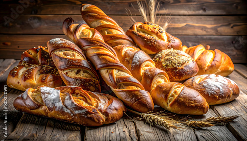 Assorted Freshly Baked Pastries Including Bread Rolls and Twisted Loaves on Rustic Wooden Table