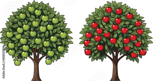 apple, tree, fruit, red, green, orchard, harvest, nature, foliage, vector, flat, CAD, drawing, illustration, seasonal