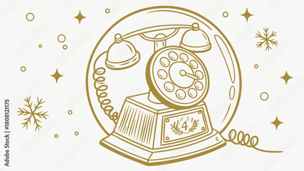 Fototapeta premium Golden vintage rotary telephone inside a snow globe with stars and snowflakes all around it design