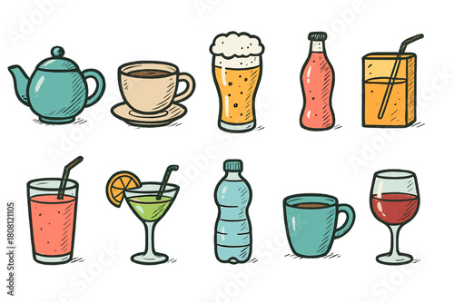 Beverage, drink linear icon set. Tea, coffee, beer, juice outlined collection