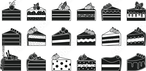 Cake slice illustration set, dessert silhouette collection, bakery sweets icons, delicious pastry designs, black and white vector cake pieces