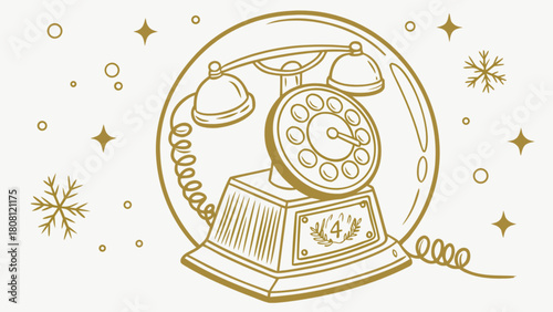 Golden vintage rotary telephone inside a snow globe with stars and snowflakes all around it design