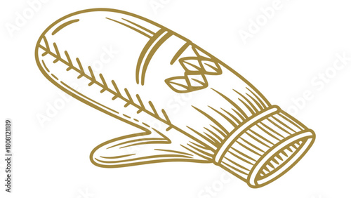 Illustration of a golden winter mitten with decorative stitching and a ribbed cuff design element