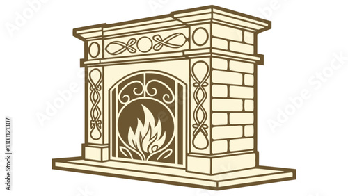 Illustration of a classic fireplace with decorative elements and a stylized flame design inside the hearth
