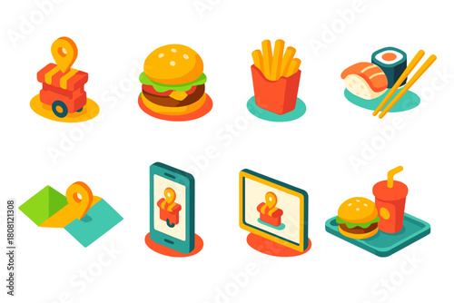 Fast food 3d icon set. Burgers, fries, and sushi 3d icons for food apps