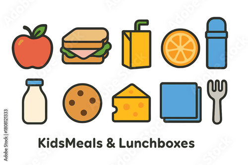 Kids meals flat icon set. Fun food and lunchbox icons for children