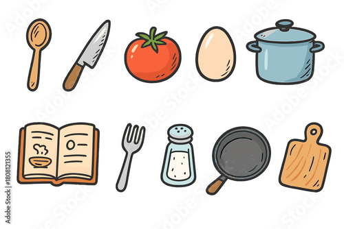 Cooking and kitchen flat icon set. Culinary tools and ingredients collection.