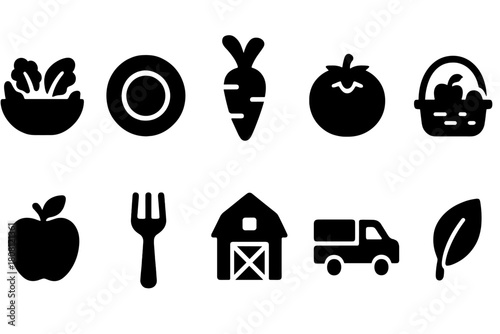 Farm fresh solid icon set. Agriculture, organic food, farming symbols collection