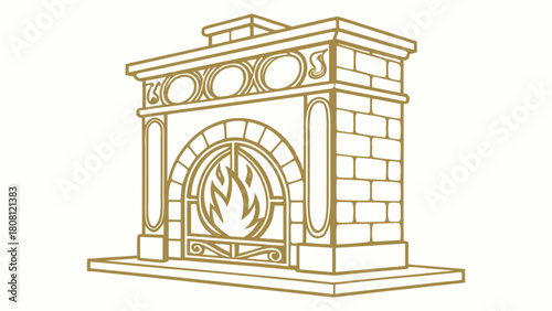 Illustration of a vintage fireplace with brickwork and decorative elements in golden line art style