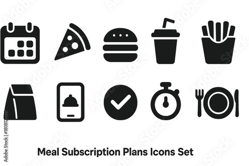 Meal subscription plans solid icon set. Food delivery, dining, menu, food icons.