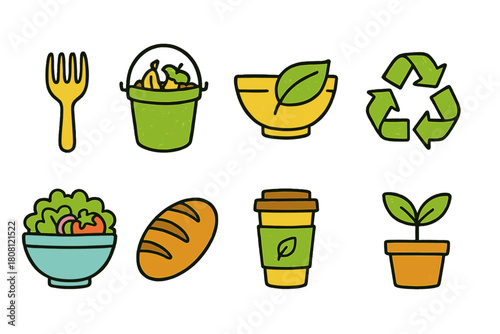 Sustainability, eco-friendly flat icon set. Green living, environmentally conscious icons.