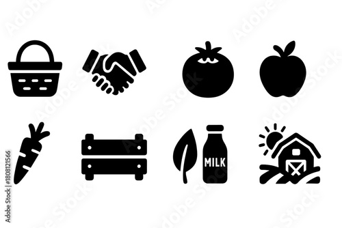 Farm produce silhouette icon set. Fresh fruits, vegetables, dairy silhouette collection