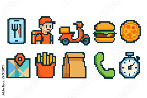 Food delivery pixel icon set. Fast food, restaurant, and transportation icons outline.