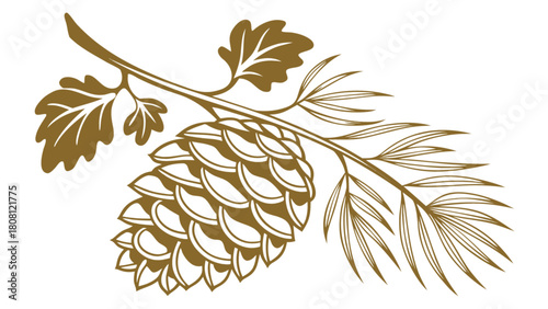 Illustration of a pine cone with leaves and needles in a golden brown color on a white background