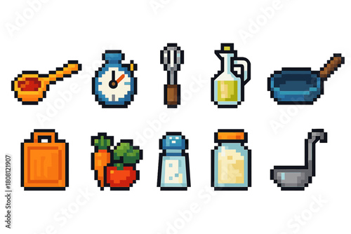 Cooking essentials pixel icon set. Kitchen, utensils, food pixelated icons collection