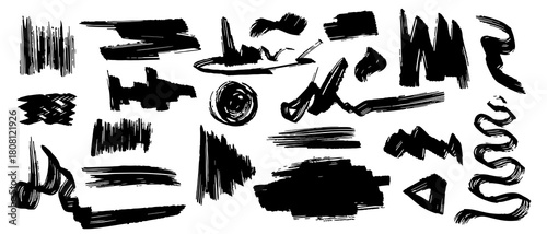 Grunge brush stroke elements set collection. Hand drawn ink black texture shapes. Rough paint design mark. Vector illustration for banner, background for text