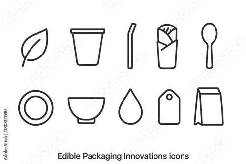 Edible packaging outline icon set. Sustainable, eco-friendly innovations collection