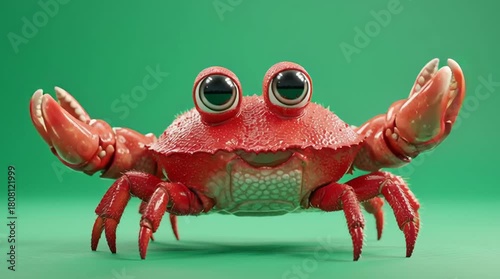 Bright red crab with big eyes moves playfully against a green background in a lively aquatic setting