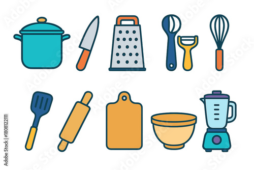 Kitchen tools flat icon set. Cookware, utensils, and appliances icons collection.