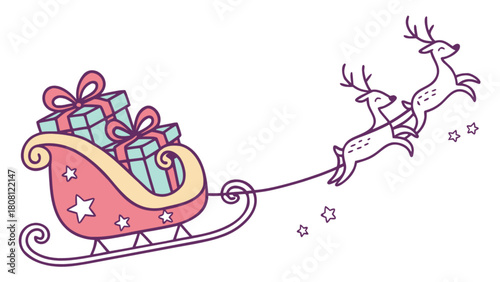 Illustration of santa's sleigh pulled by two reindeer with gifts and stars on a white background