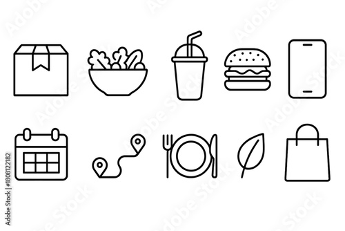 Food and delivery outline icon set. Dining, restaurant, and e-commerce icons collection